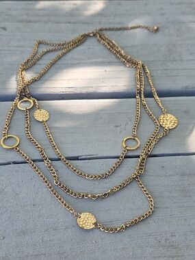 Vintage Gold-toned Three Layer Hammered Disc Coin Chain Necklace